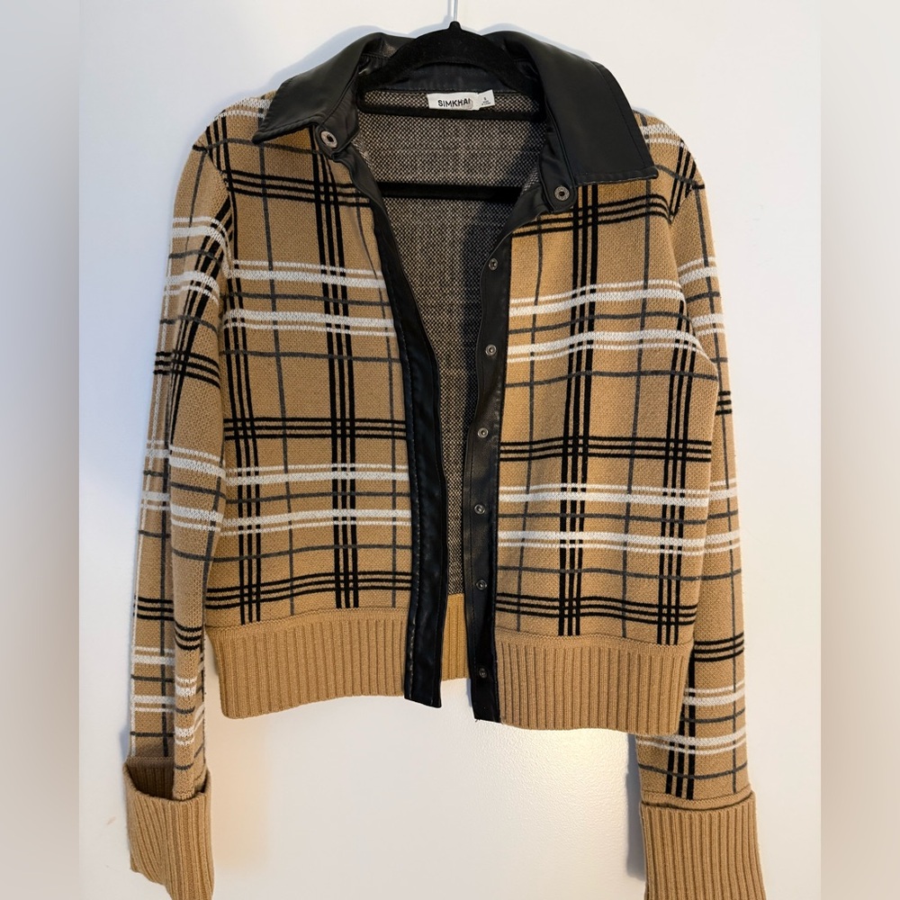 Simkhai Plaid Jacket/cardigan with Faux Leather Trim